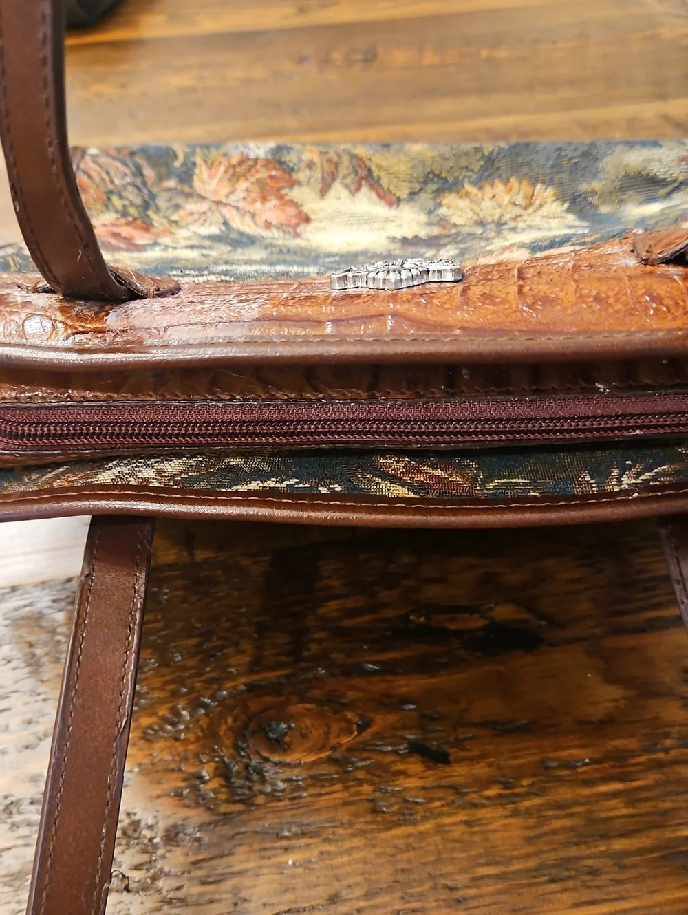 Vintage Marc Chantal Brown Floral Tapestry Shoulder Bag with Leather Trim